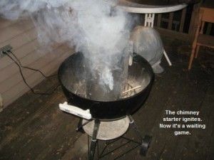 Charcoal chimney starter ignites